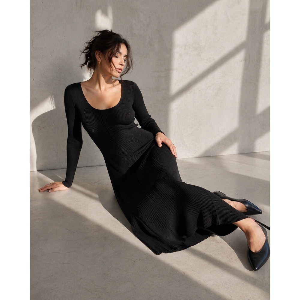 Everlane Ribbed Knit Midi Dress XL Black Scoop Neck Fit‎ Flare Minimal